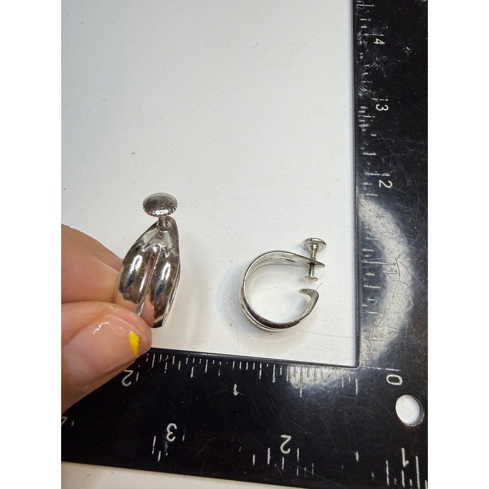 Vintage Silver Tone Screw Back Hoop Earrings Split Double Band Non-Pierced